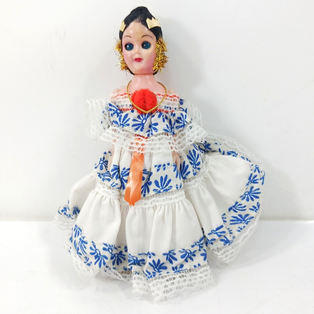 Vintage Panama Souvenir Doll Pollera Traditional Dress Blue Sleep Eyes 7.5"